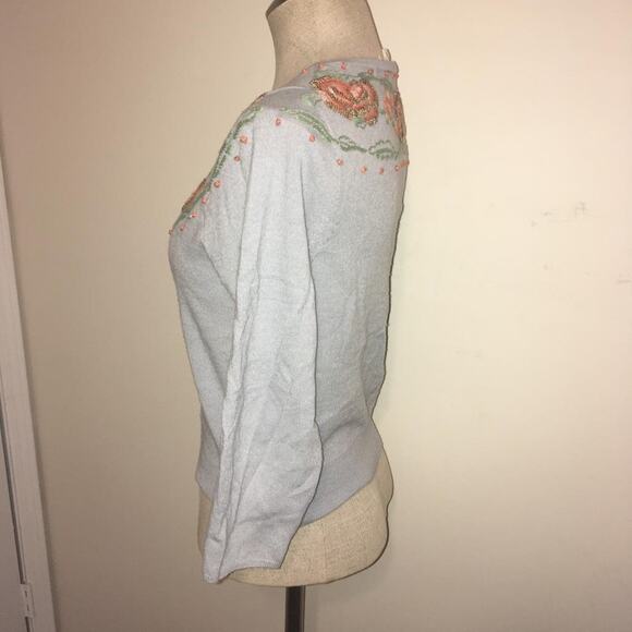 Moth Pink Bead & Embroidered Flower Detailed 100% Wool Blue Cardigan Sweater M - Picture 4 of 7